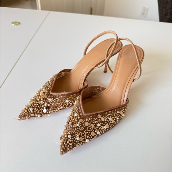Zara Shoes - Zara Pearl Embellished Brown Pointed-Toe Slingback Heels